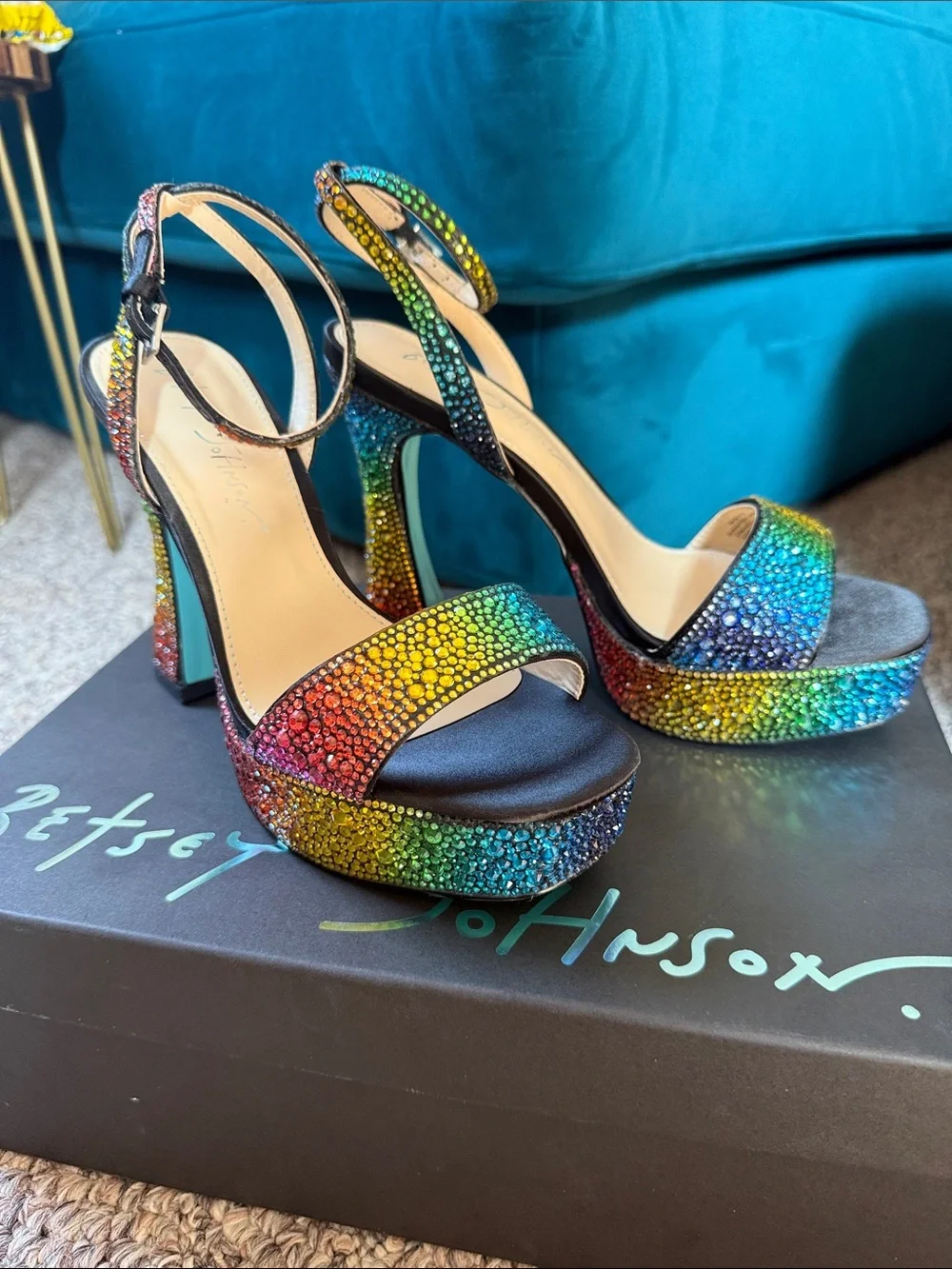 Betsey Johnson Rainbow Crystal Platform Heels